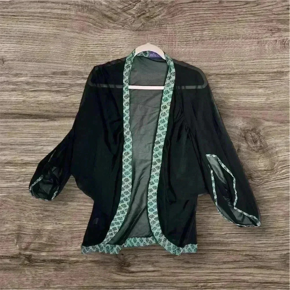 Indie Ella Sheer Georgette Kimono Upcycled Silk Trim Boho Whimsigoth One Size